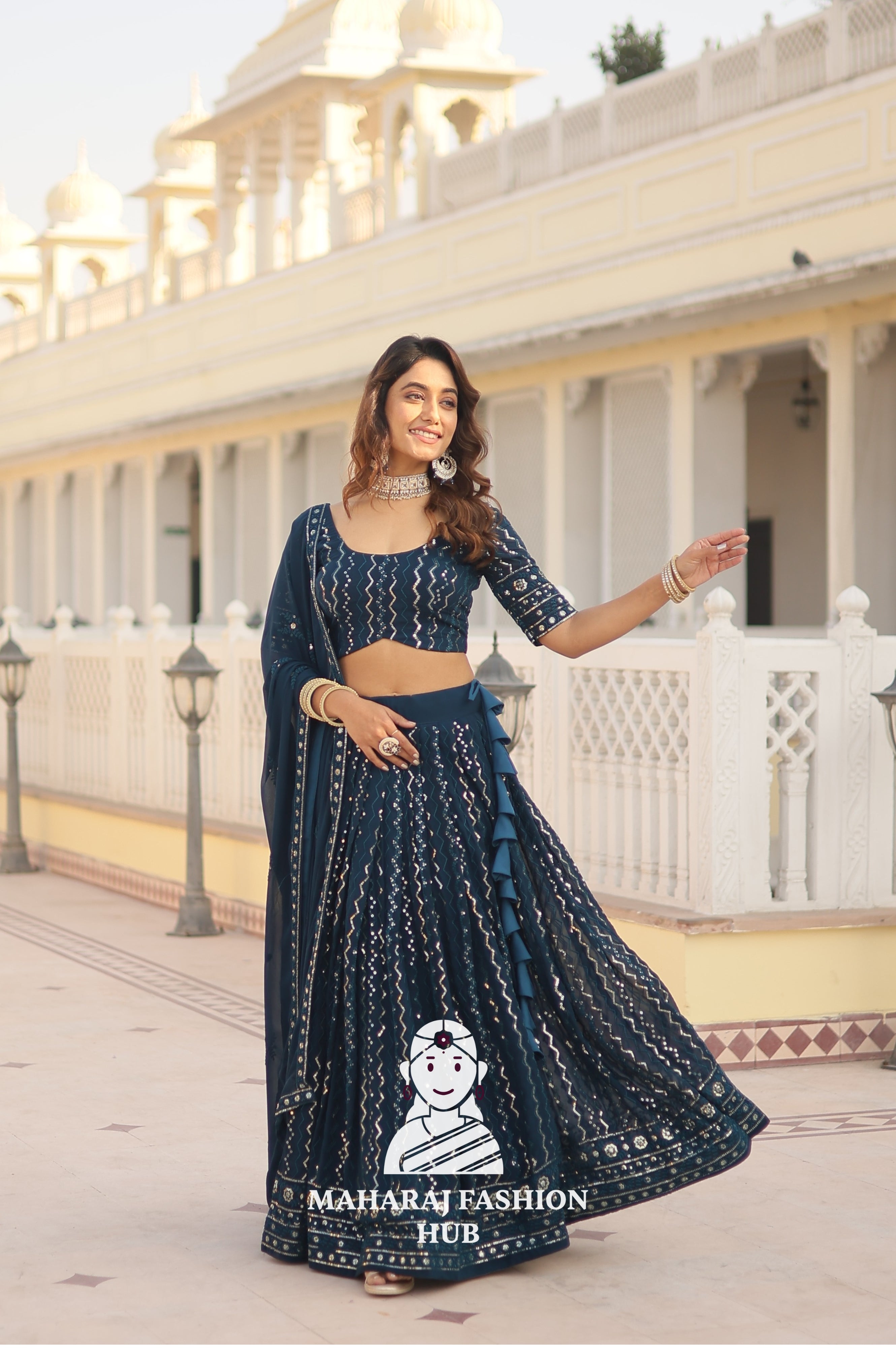 👗 Faux Blooming Lehenga Choli Set with Sequins & Thread Embroidery Work – Includes Matching Dupatta