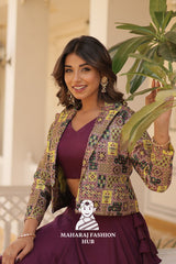 Fancy Flair Chinnon Lehenga with Sleeveless Blouse and Stylish Jacquard Koti