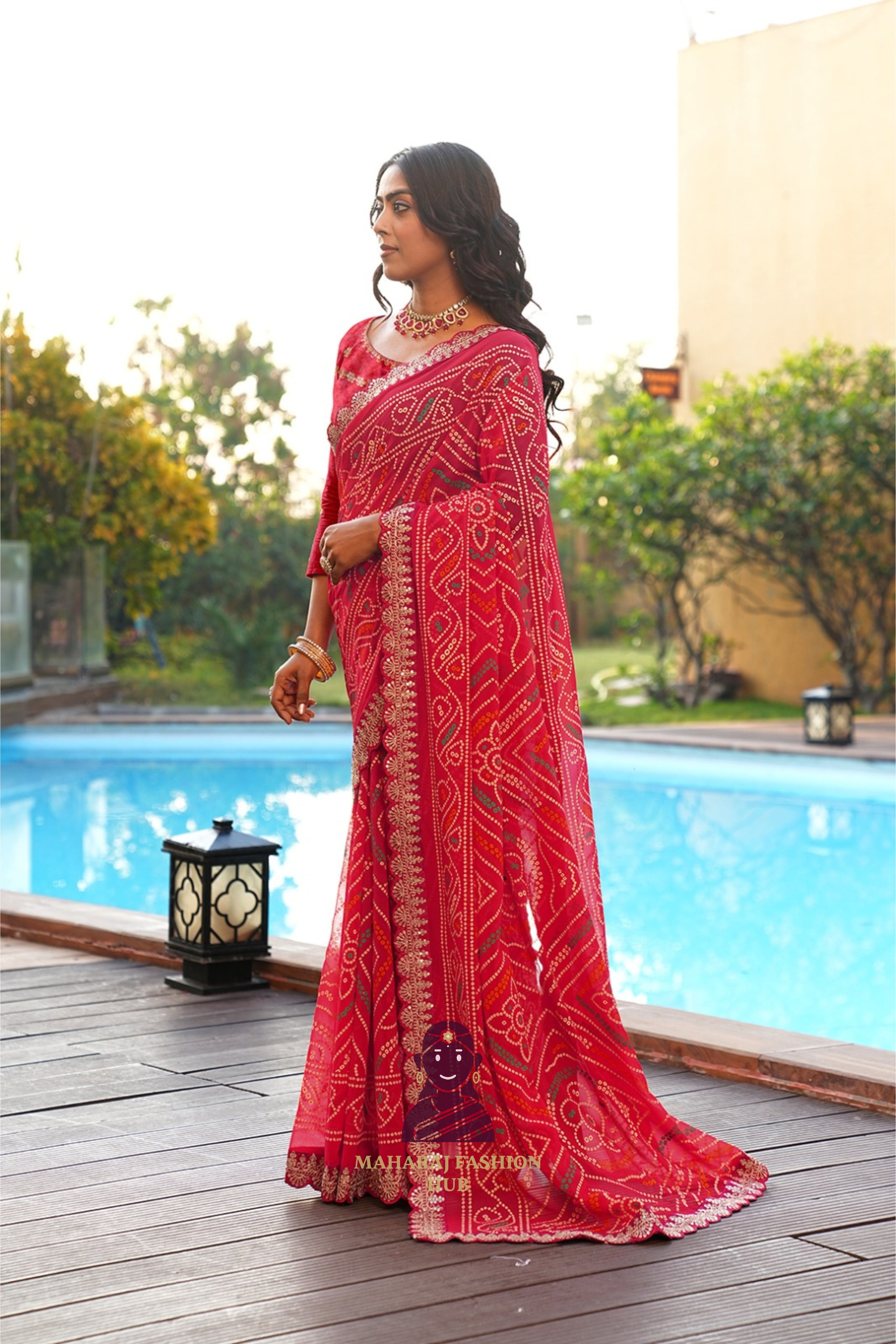 Maharaj Fashion Hub Women's Georgette Saree with Embroidered Lace Border – Ethnic Printed Saree for Festive & Wedding Wear