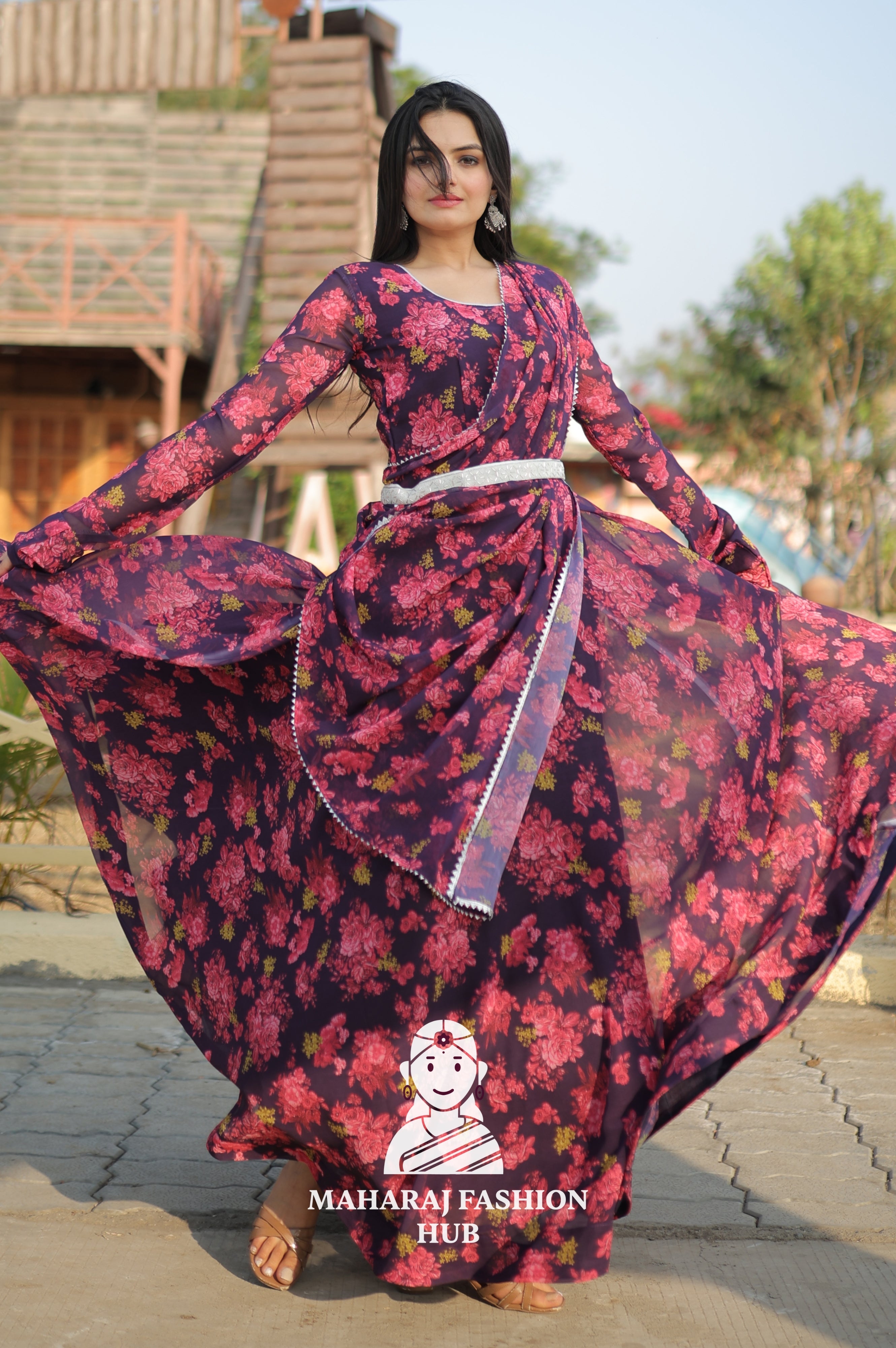 Floral Majesty –  Meter Flair Georgette Gown Set with Dupatta & Belt