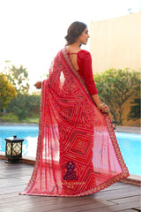 Maharaj Fashion Hub Women's Georgette Saree with Embroidered Lace Border – Ethnic Printed Saree for Festive & Wedding Wear