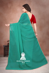 Elegant Rama Green Georgette Saree with 1m Blouse – Tikki Work & Samosa Lace Border (5.5m + 1m) 👗✨