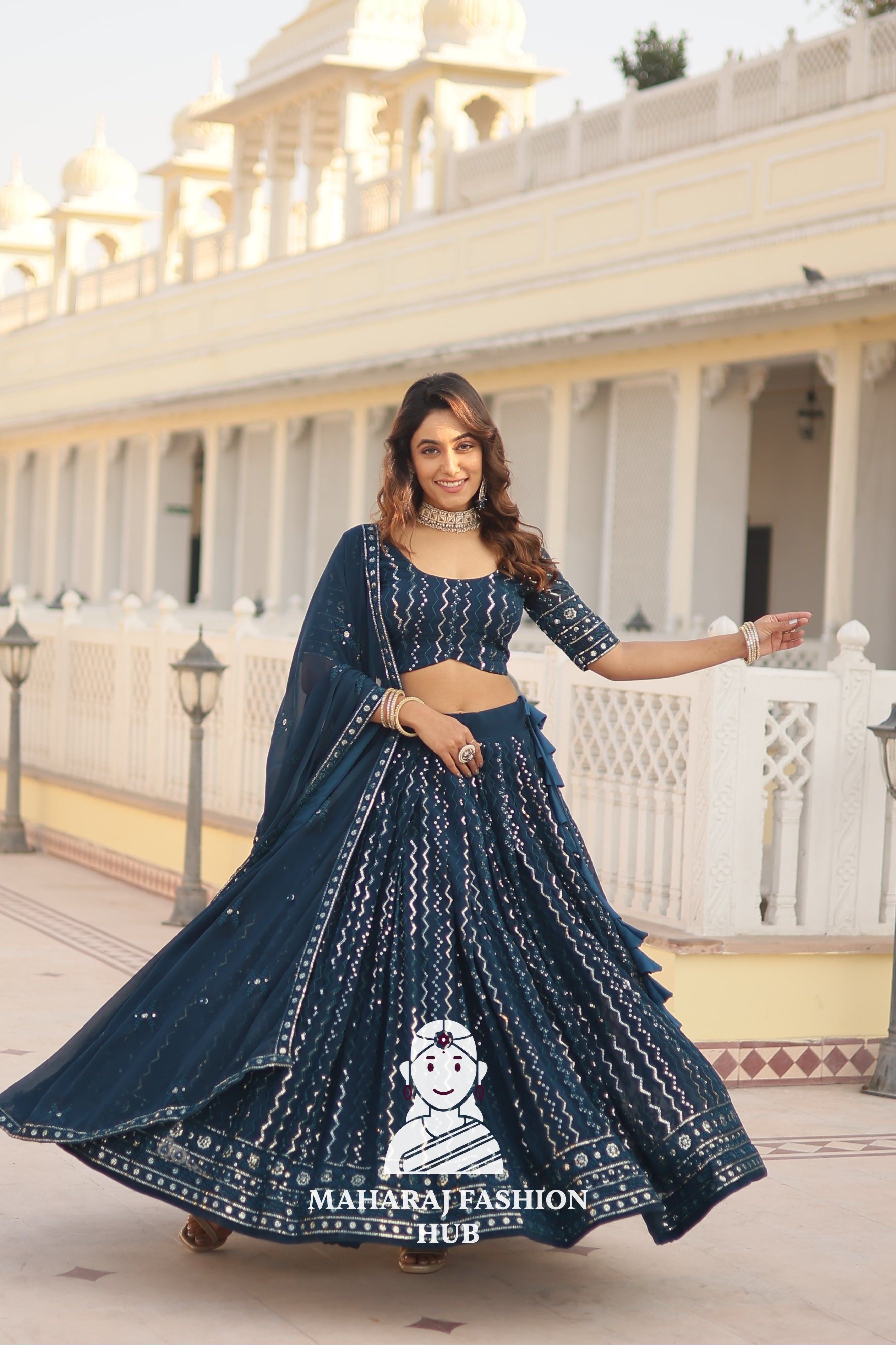 👗 Faux Blooming Lehenga Choli Set with Sequins & Thread Embroidery Work – Includes Matching Dupatta