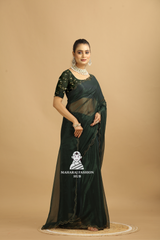✨ Elegant Dark Green Embroidered Saree with 5.5 Meter Length | 1 Meter Embroidery Blouse | Double Arco Border ✨