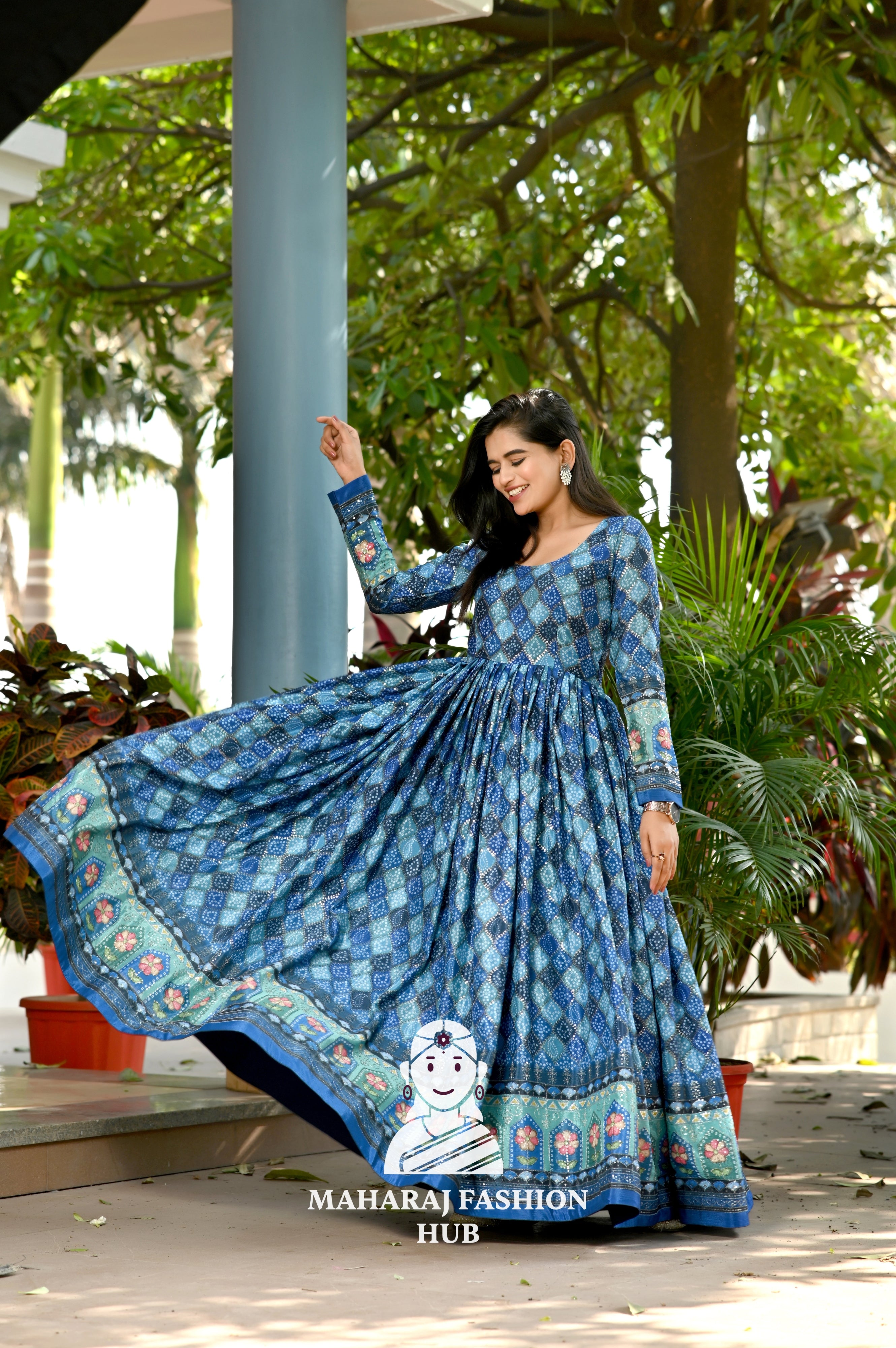 Chinnon Gown with Sequins & Position Print – Full Sleeve Designer Flair