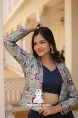 Fancy Flair Chinnon Lehenga with Sleeveless Blouse and Stylish Jacquard Koti