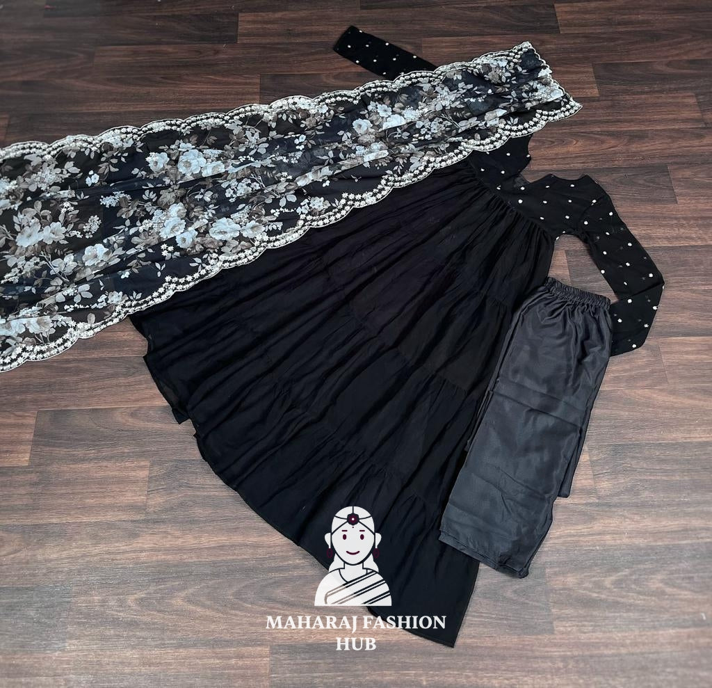 🌸 Faux Blooming Butti Work Set with 4-Layer Frill Gown & Organza Dupatta