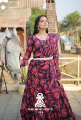 Floral Majesty –  Meter Flair Georgette Gown Set with Dupatta & Belt