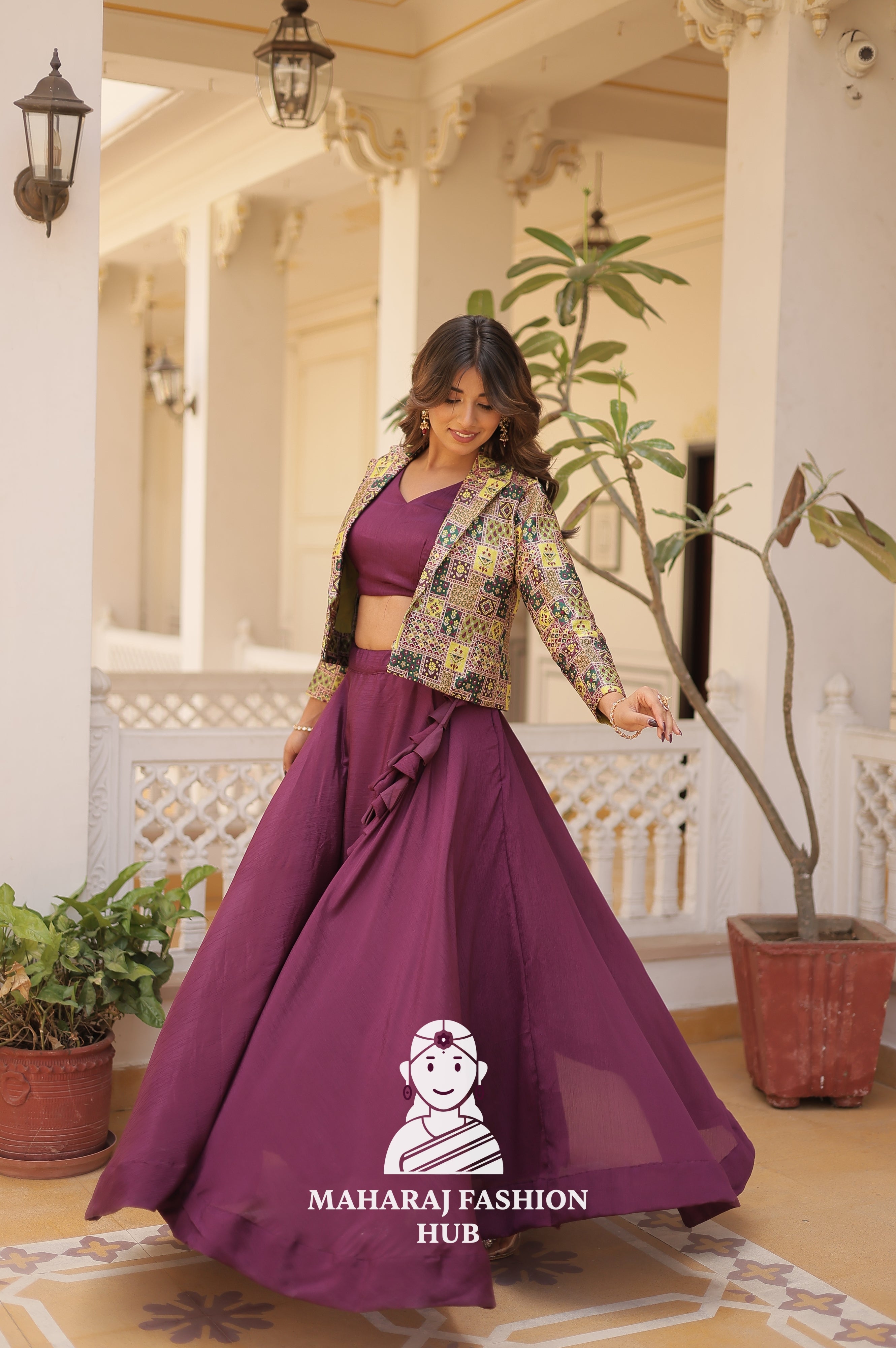 Fancy Flair Chinnon Lehenga with Sleeveless Blouse and Stylish Jacquard Koti