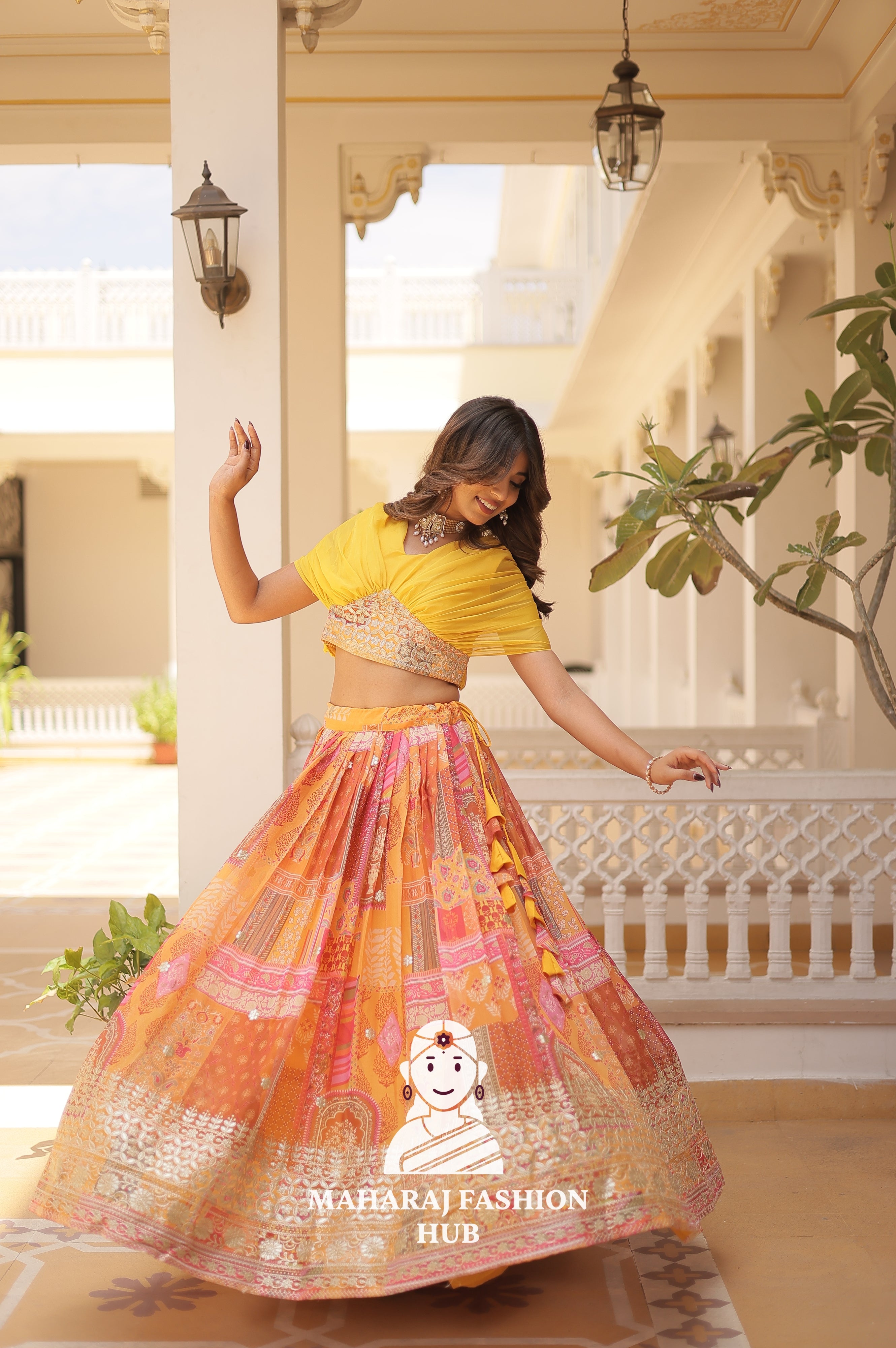 🌸 Timeless Beauty in Russian Silk – Digital Print & Foil Embroidered Lehenga Set