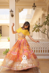🌸 Timeless Beauty in Russian Silk – Digital Print & Foil Embroidered Lehenga Set