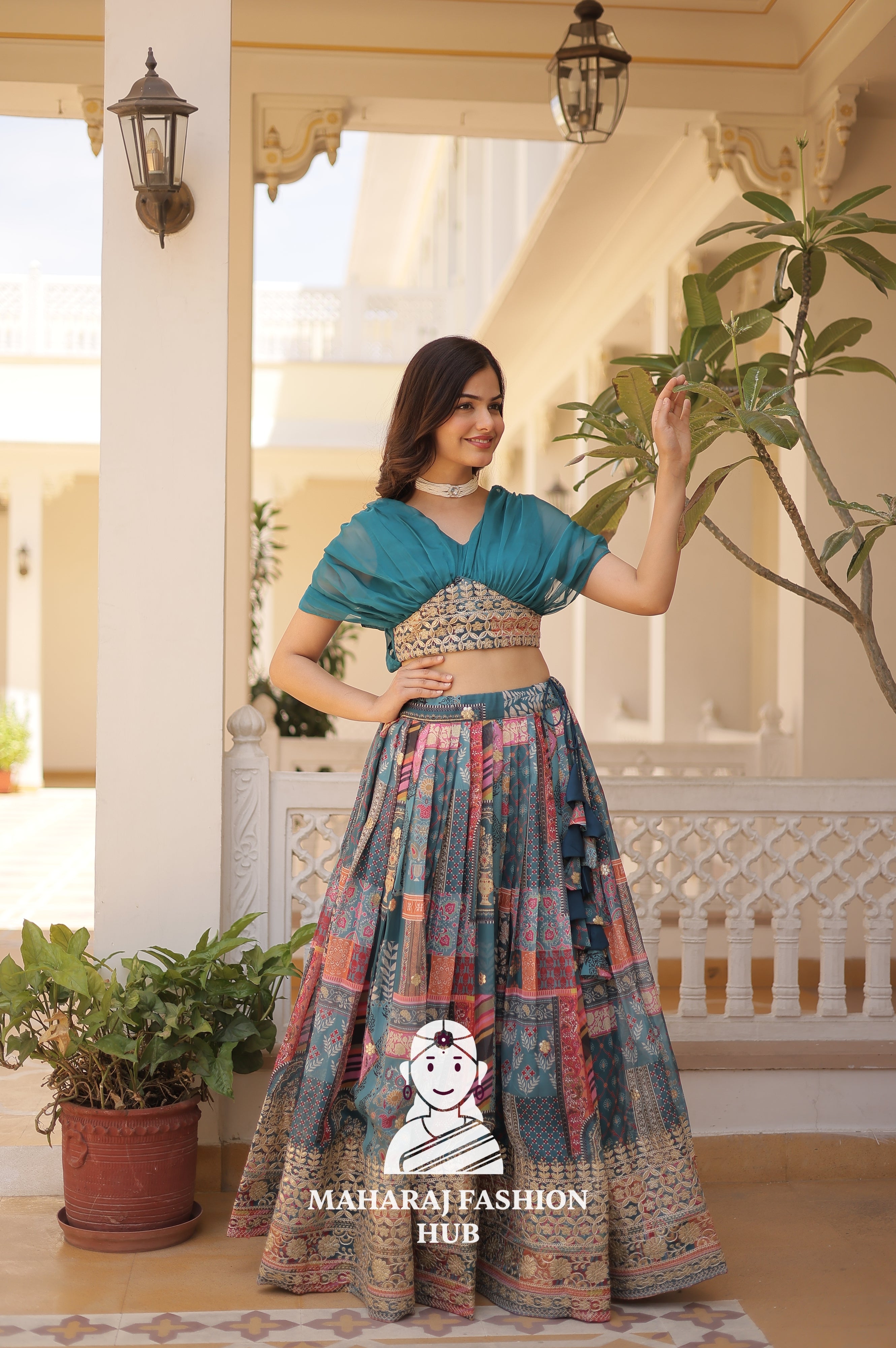 🌟 Elegant Russian Silk Lehenga Choli Set with Digital Print & Foil Embroidery Work