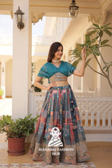 🌟 Elegant Russian Silk Lehenga Choli Set with Digital Print & Foil Embroidery Work