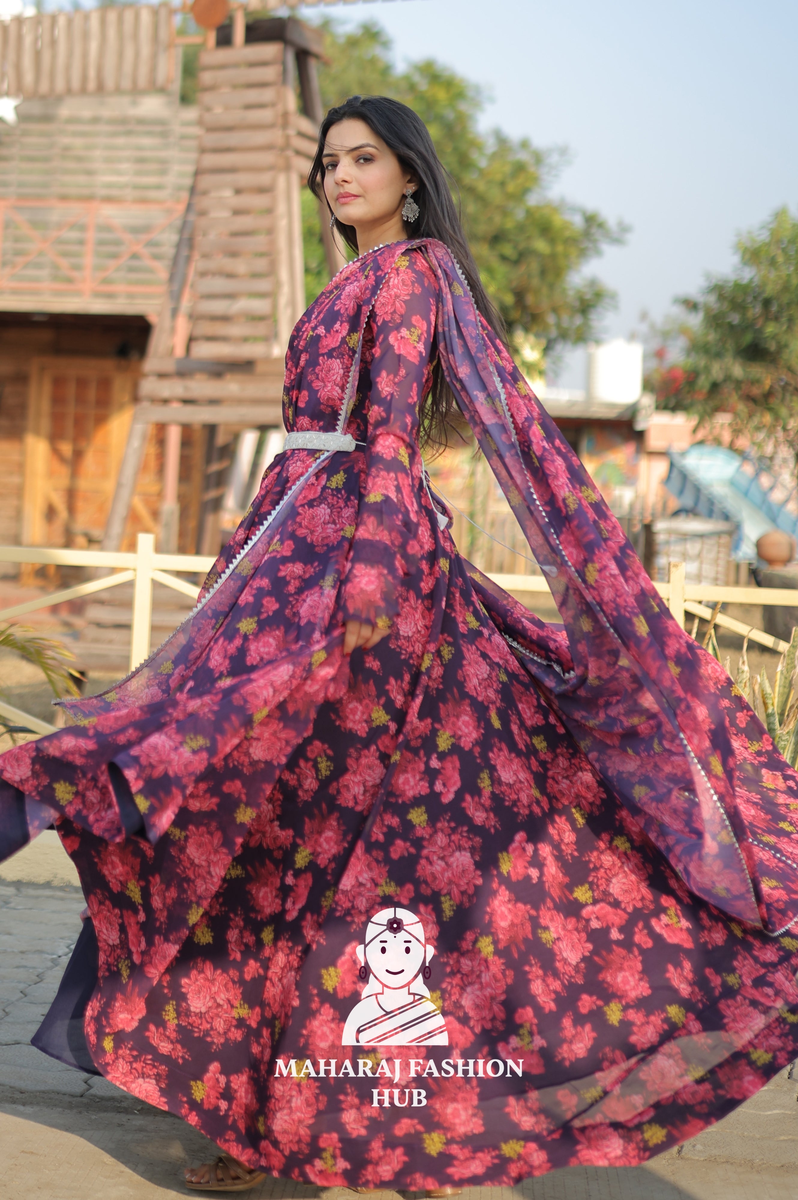 Floral Majesty –  Meter Flair Georgette Gown Set with Dupatta & Belt