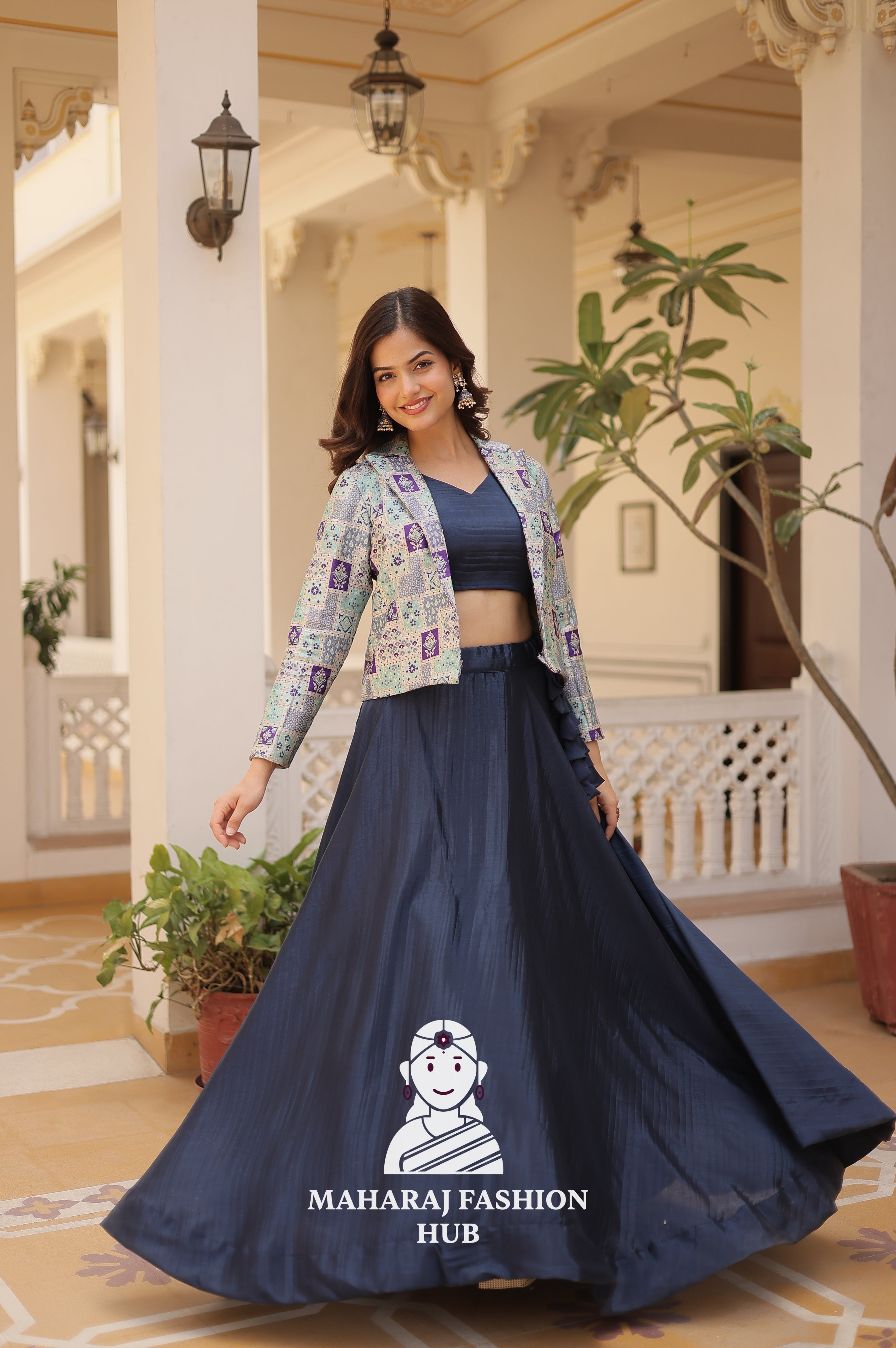 Fancy Flair Chinnon Lehenga with Sleeveless Blouse and Stylish Jacquard Koti
