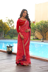 Maharaj Fashion Hub Women's Georgette Saree with Embroidered Lace Border – Ethnic Printed Saree for Festive & Wedding Wear