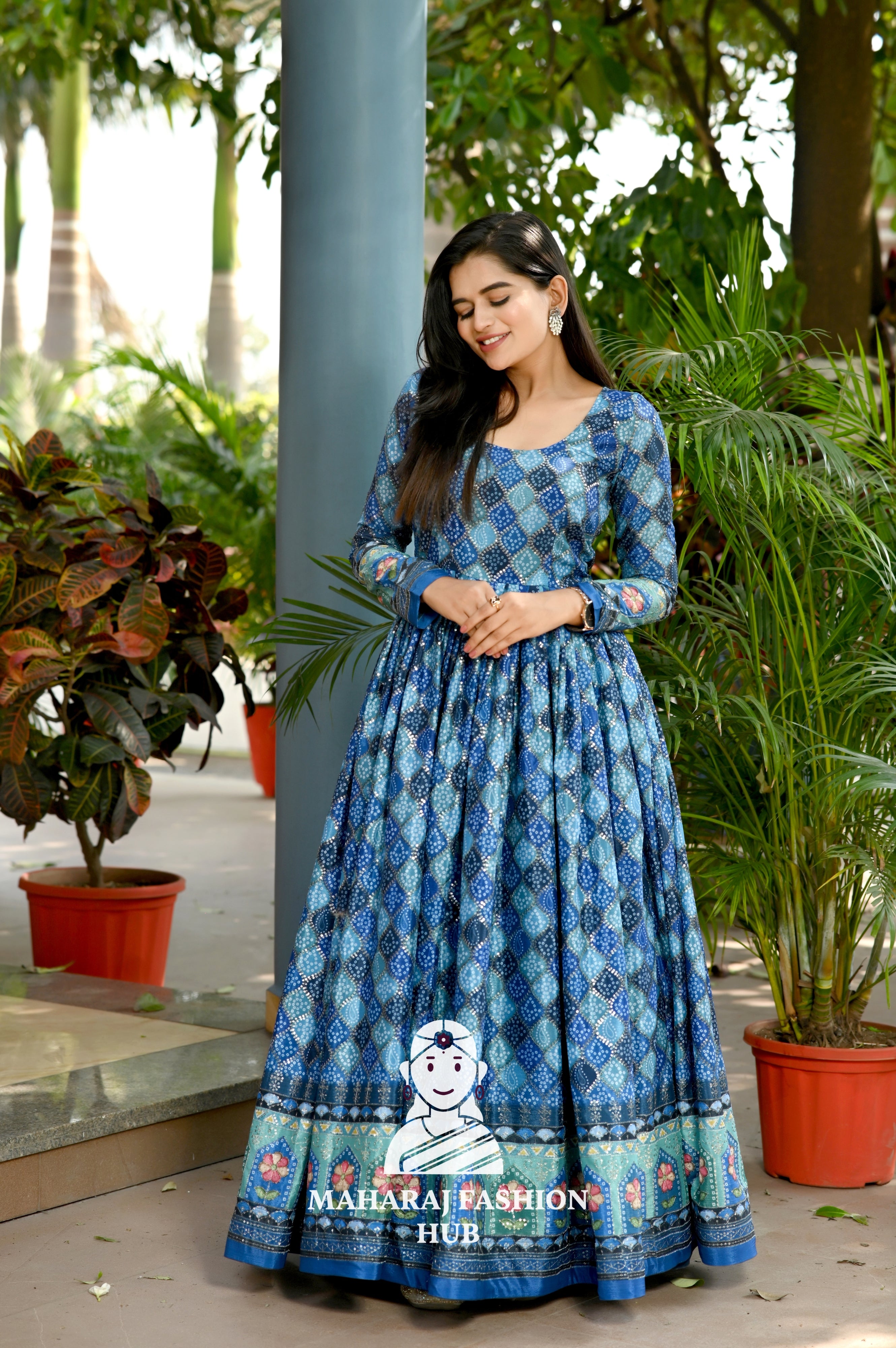 Premium Chinnon Anarkali Gown with Position Print & Stylish Waist Cut