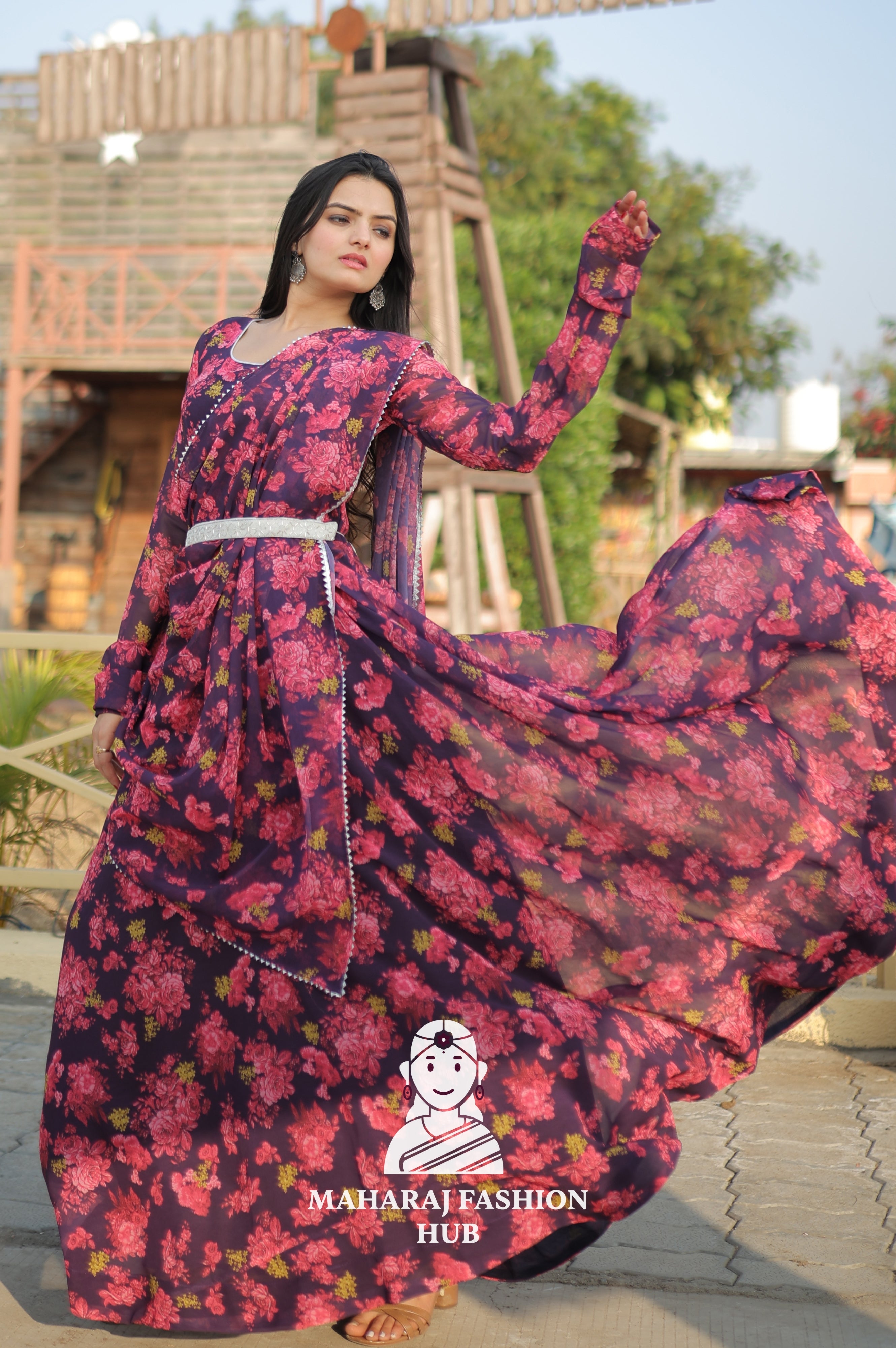 Floral Majesty –  Meter Flair Georgette Gown Set with Dupatta & Belt