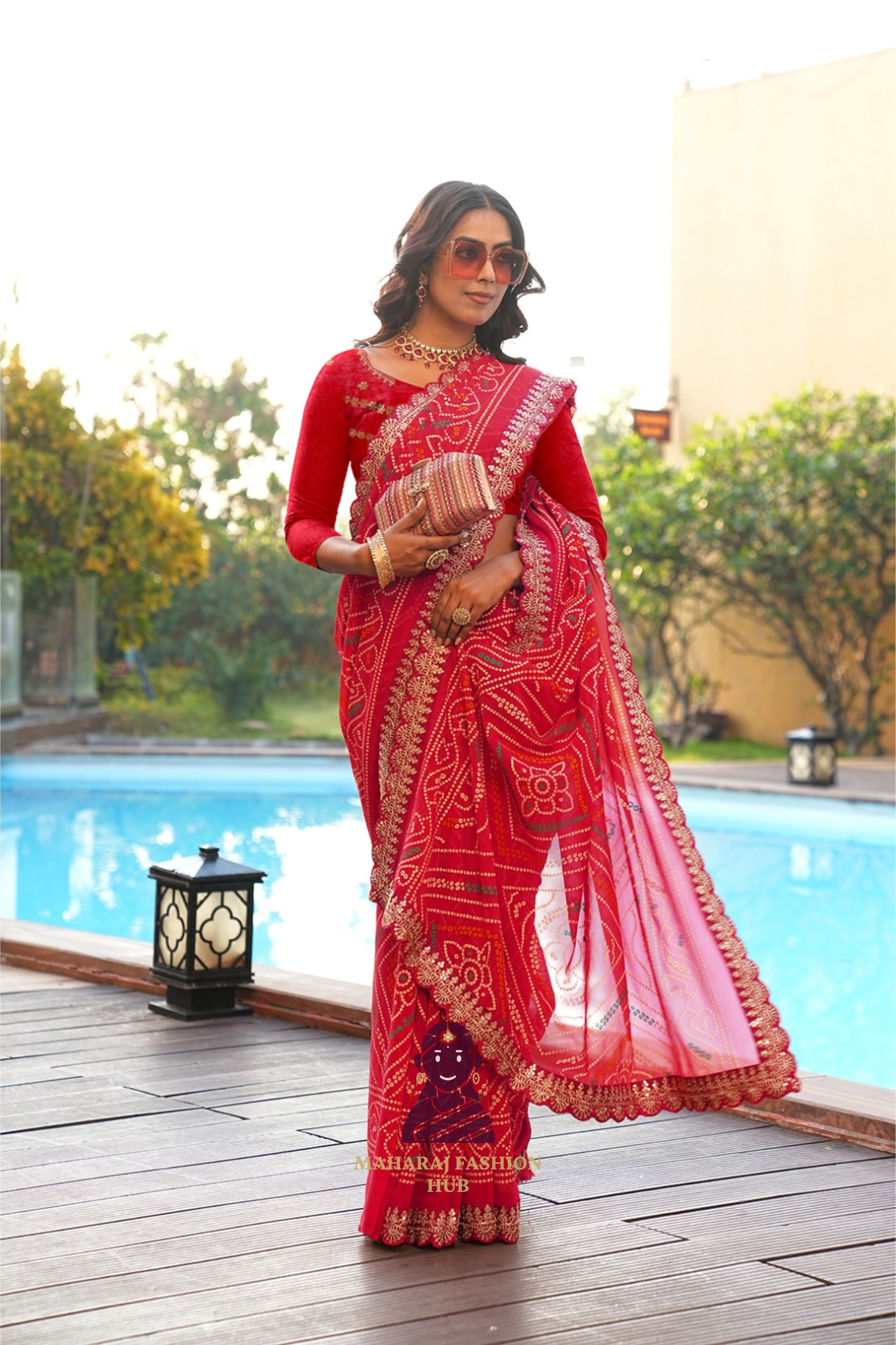 Maharaj Fashion Hub Women's Georgette Saree with Embroidered Lace Border – Ethnic Printed Saree for Festive & Wedding Wear