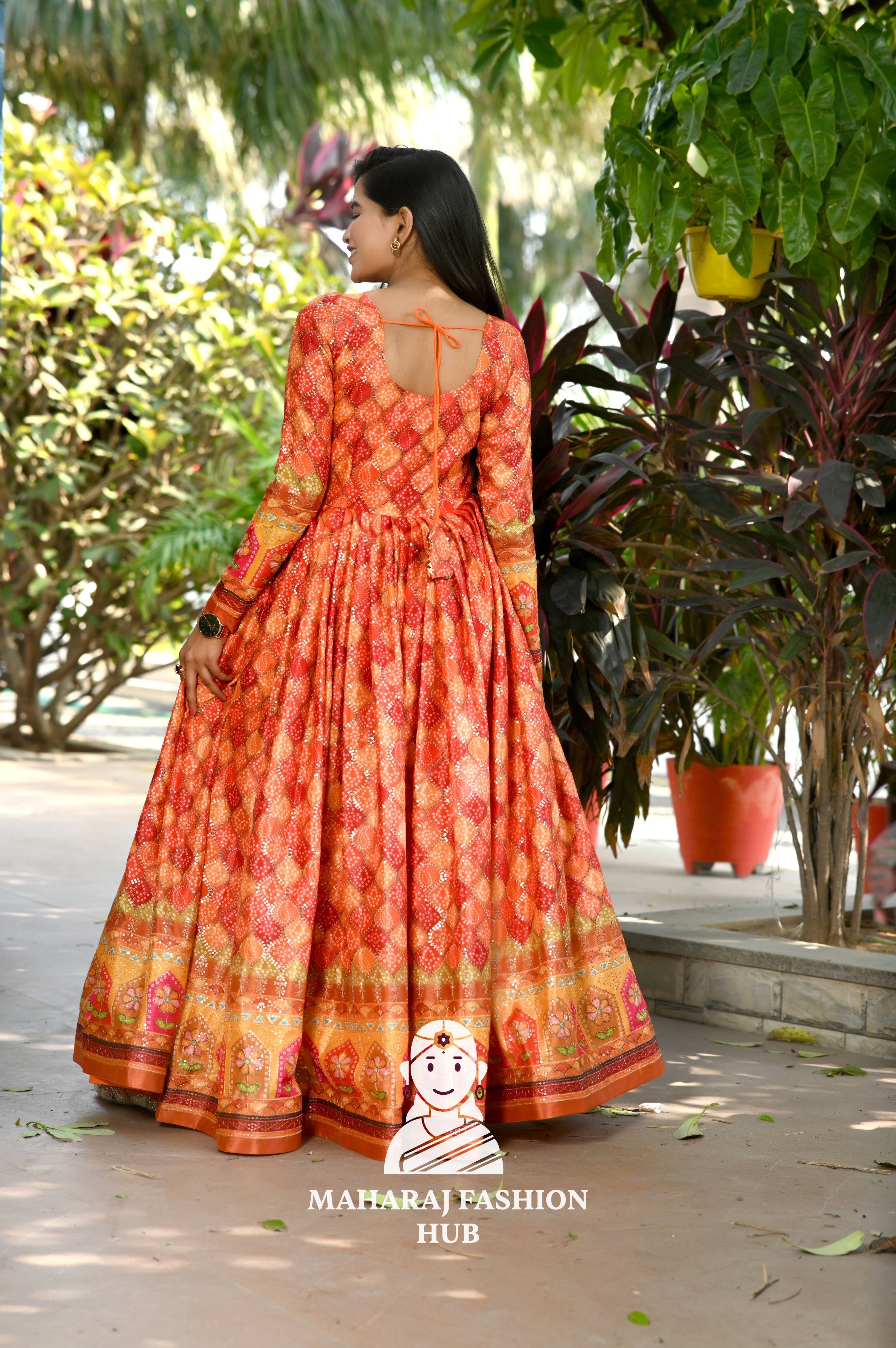Premium Chinnon Anarkali Gown with Position Print & Stylish Waist Cut