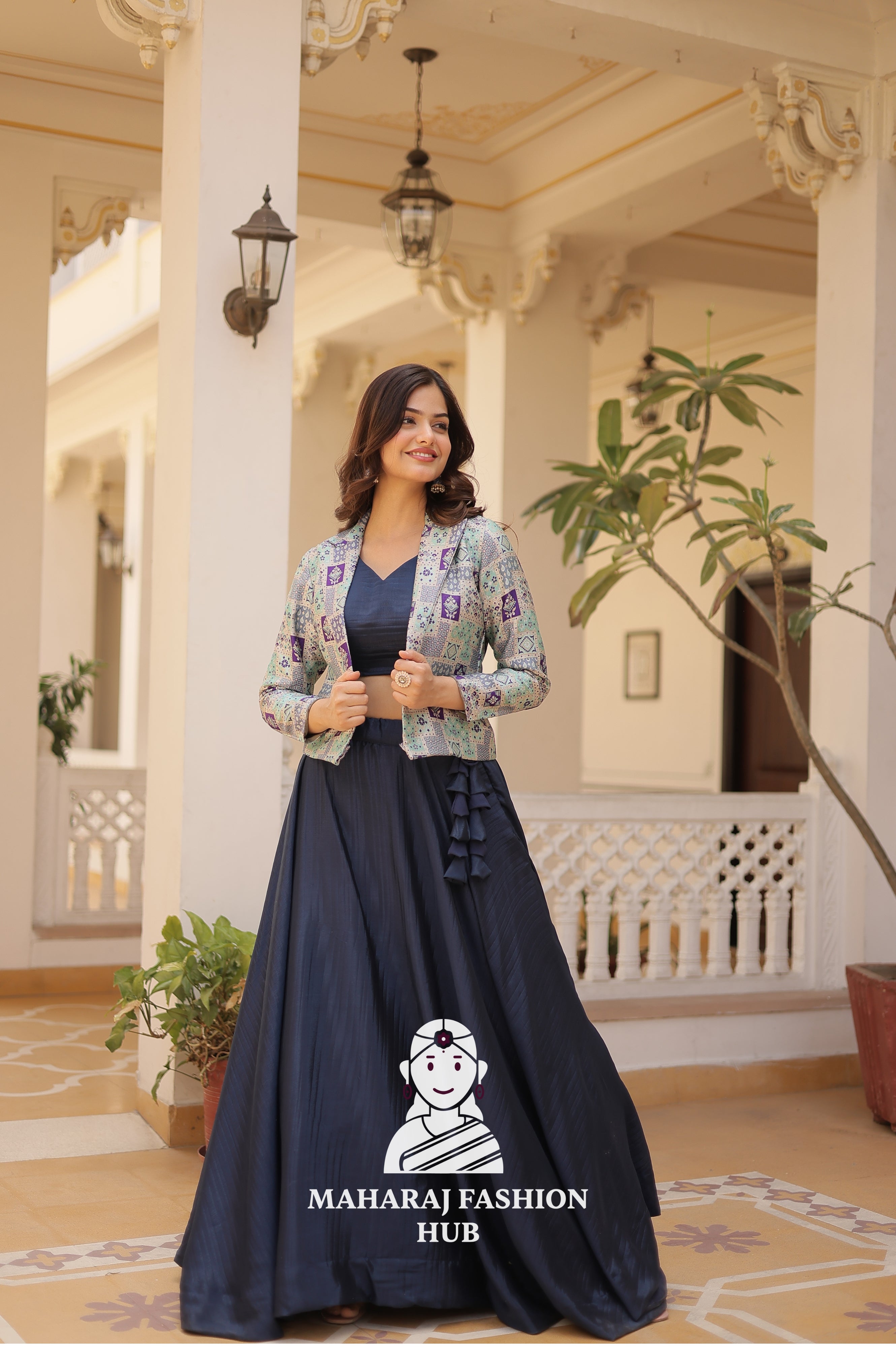 Fancy Flair Chinnon Lehenga with Sleeveless Blouse and Stylish Jacquard Koti