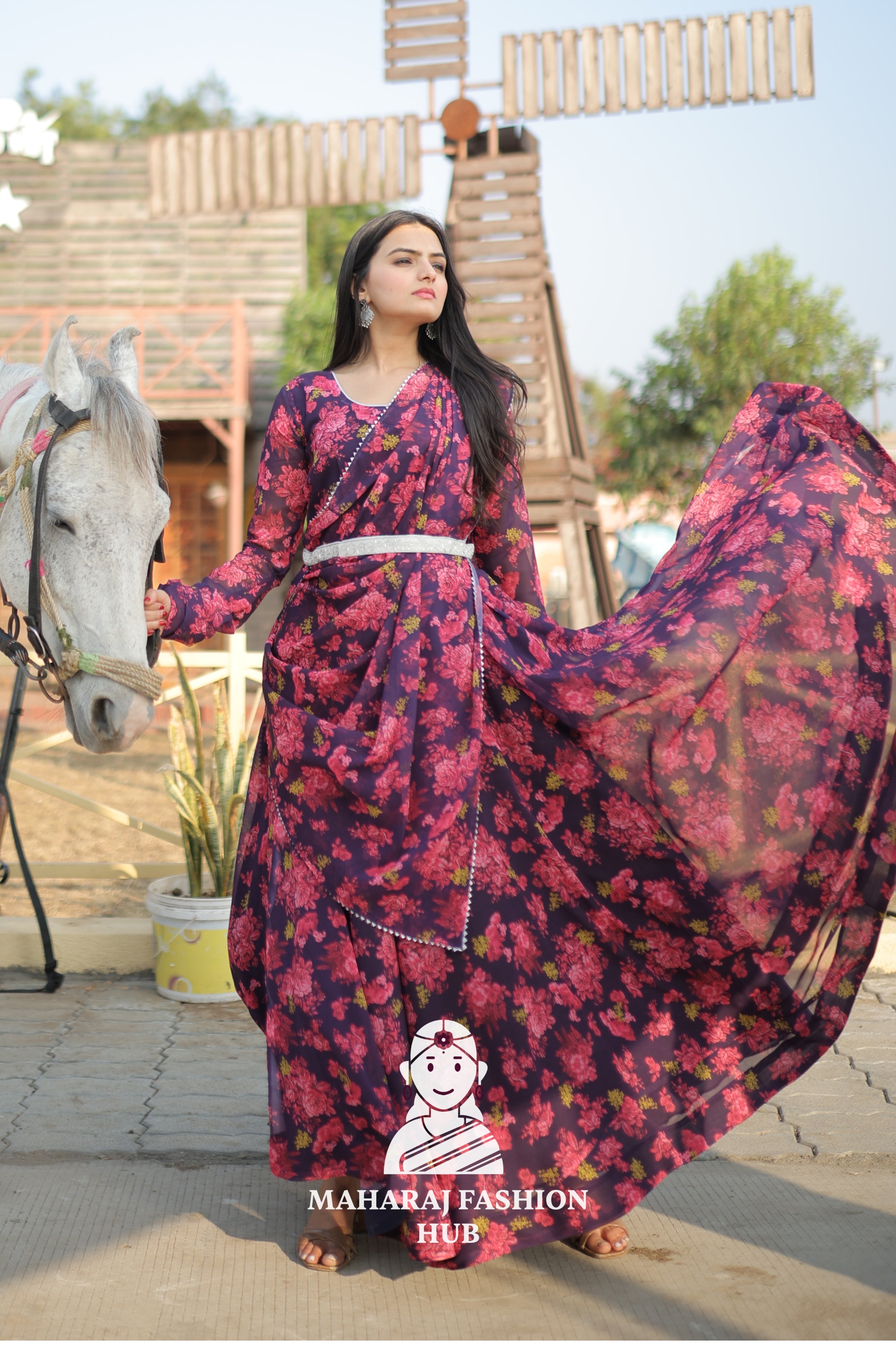 Floral Majesty –  Meter Flair Georgette Gown Set with Dupatta & Belt