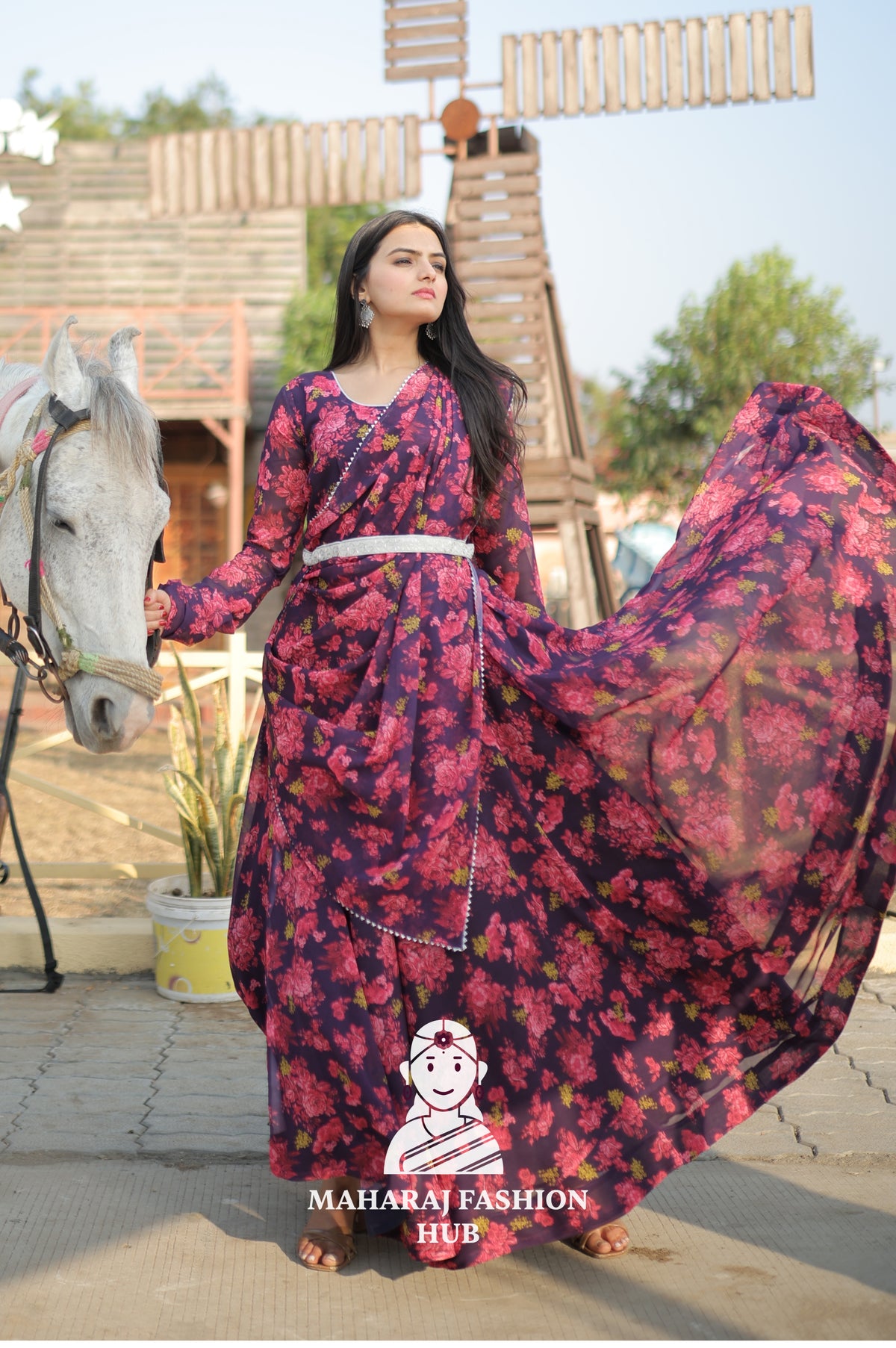 Floral Majesty –  Meter Flair Georgette Gown Set with Dupatta & Belt