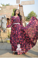 Floral Majesty –  Meter Flair Georgette Gown Set with Dupatta & Belt
