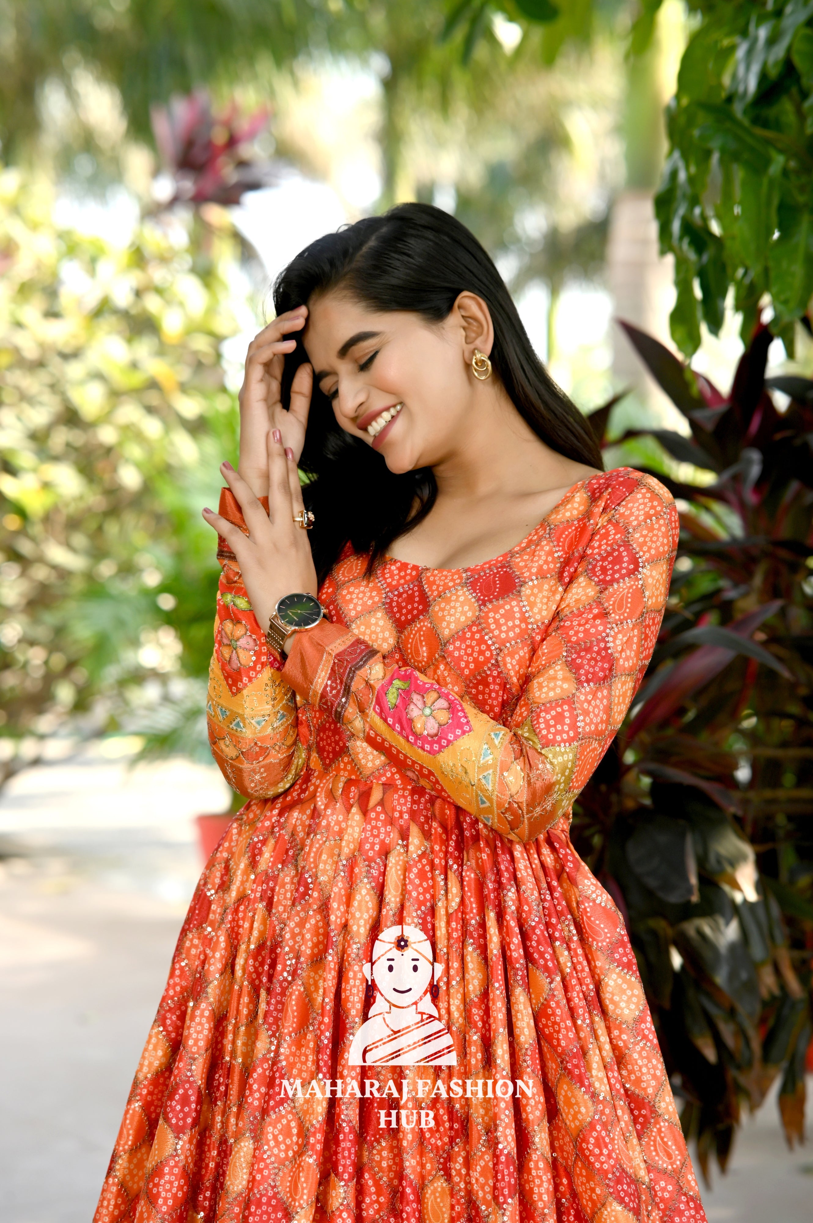 Premium Chinnon Anarkali Gown with Position Print & Stylish Waist Cut