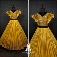 Colourful Chinnon Flared Lehenga with Sequins & Chikankari Frill Blouse – Trendsetting Lehenga-Choli for Stylish Women 💕