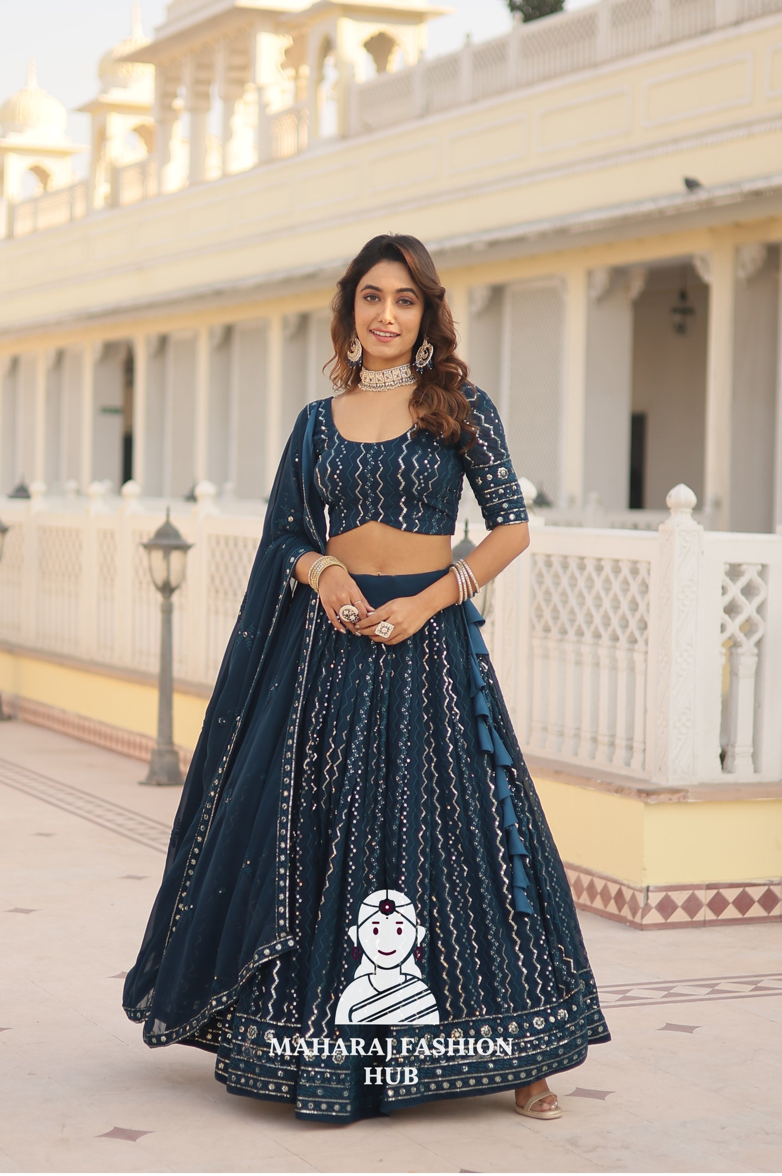 👗 Faux Blooming Lehenga Choli Set with Sequins & Thread Embroidery Work – Includes Matching Dupatta
