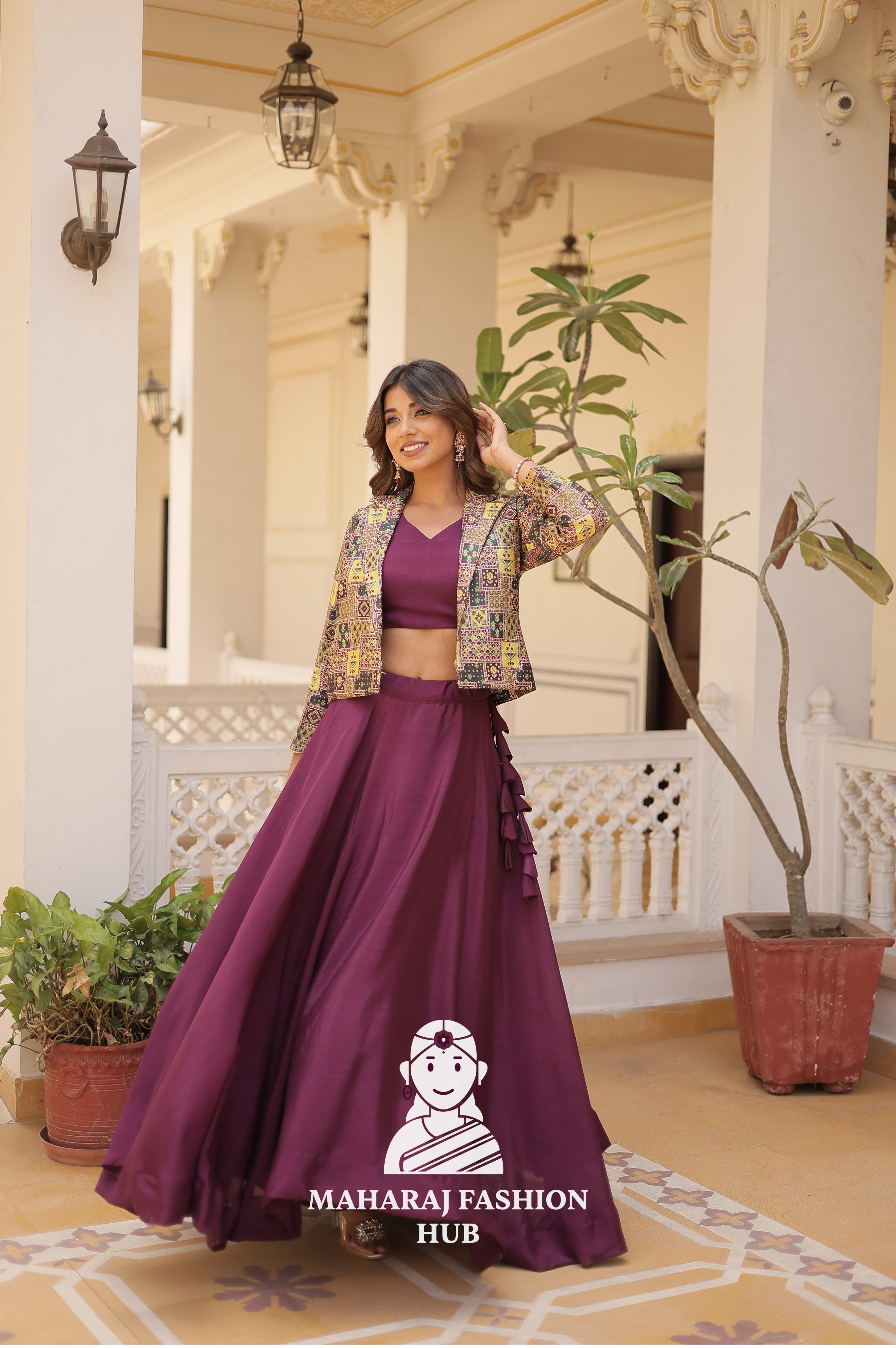 Fancy Flair Chinnon Lehenga with Sleeveless Blouse and Stylish Jacquard Koti