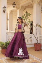 Fancy Flair Chinnon Lehenga with Sleeveless Blouse and Stylish Jacquard Koti